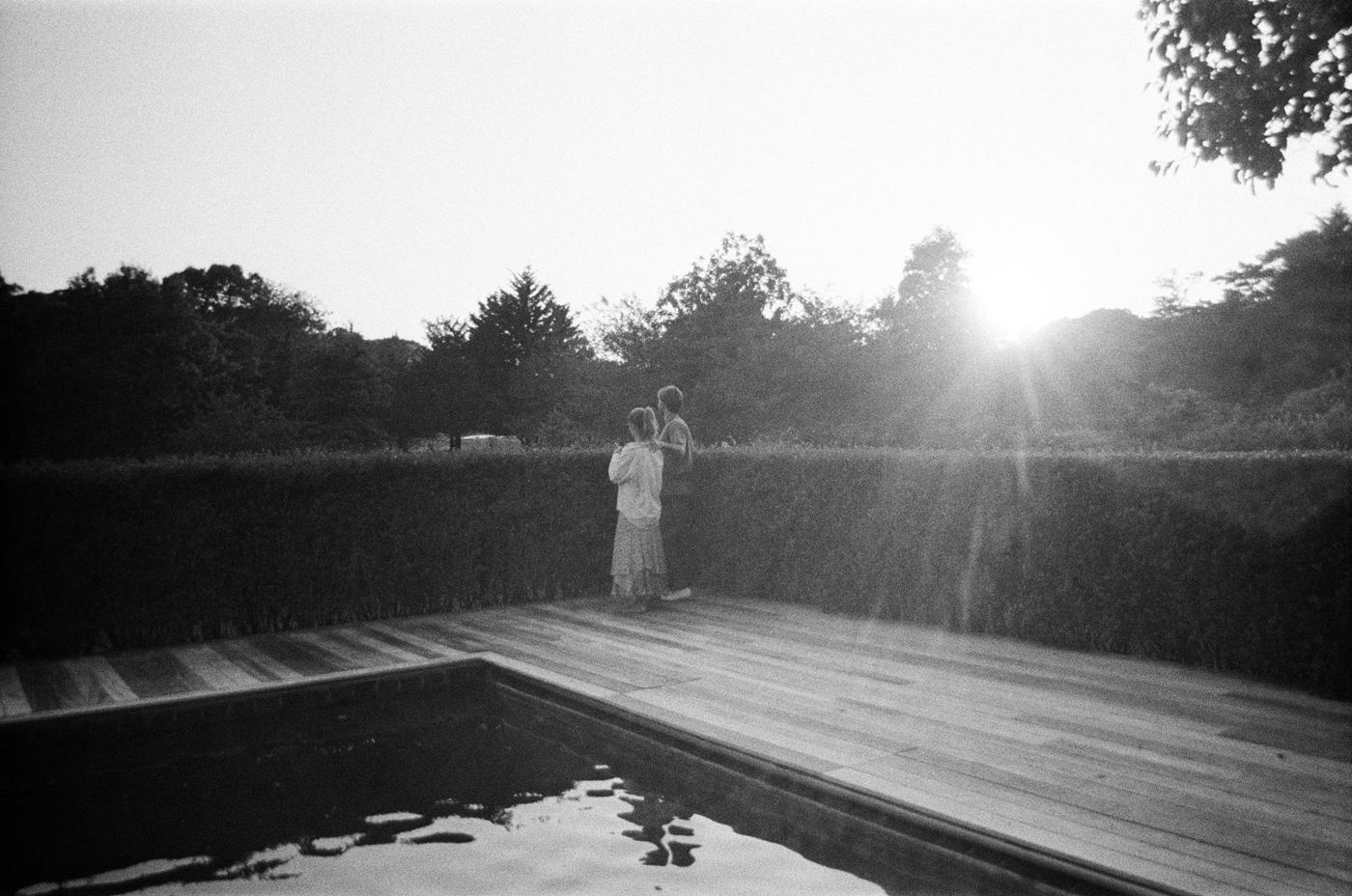 Two people at a hedge by a pool at sunset, in black and white